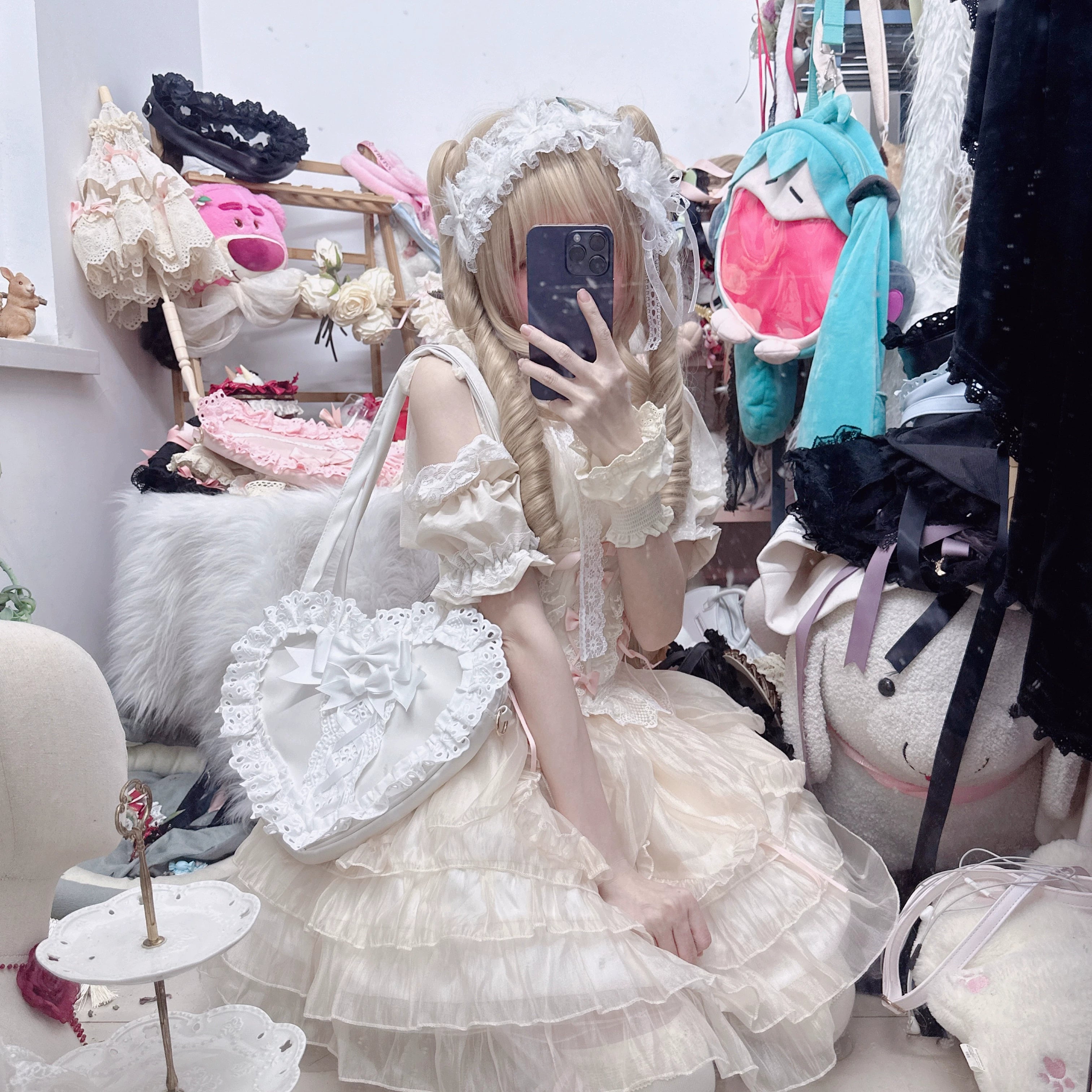 Chestnut Lolita~Sweet Lolita Bag Heart-shaped Lace Bag Multicolors 36106:523292