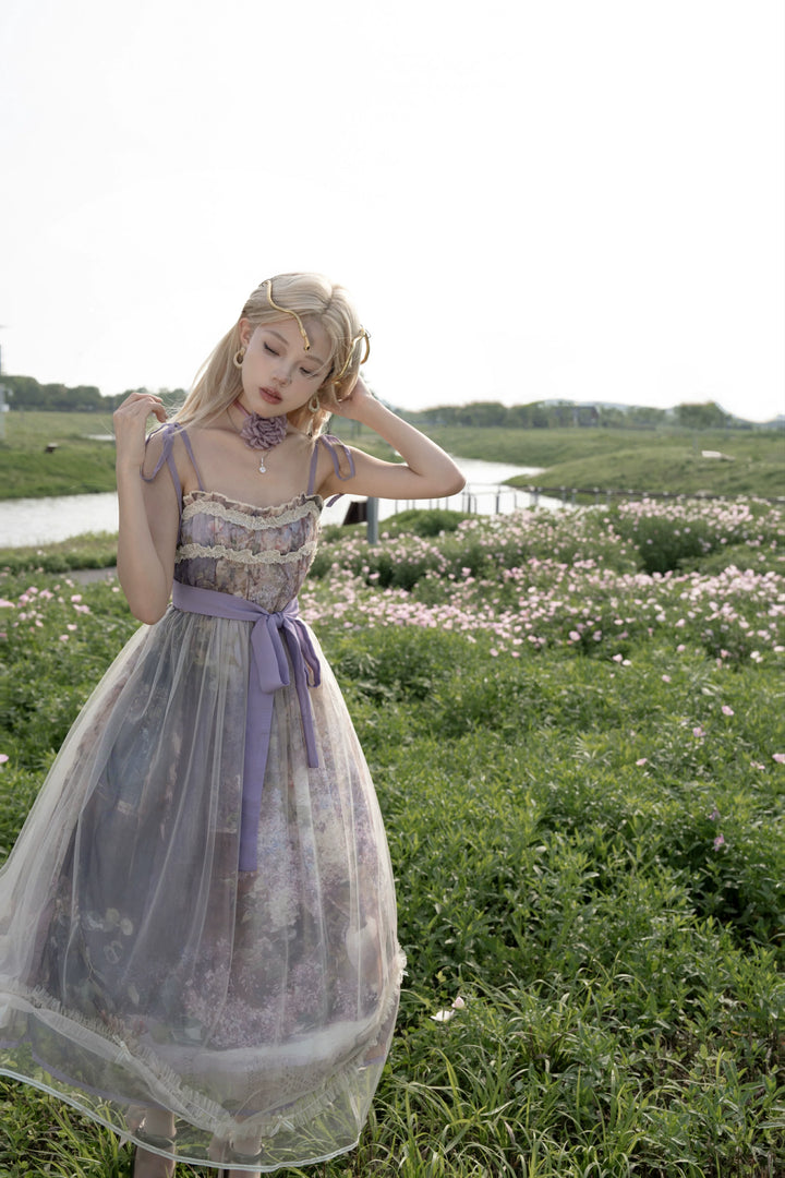 (BFM)Cyan Lolita~Blooming Tree Shade~Sweet Lolita Strap JSK Bow Oil Painting Print Dress   