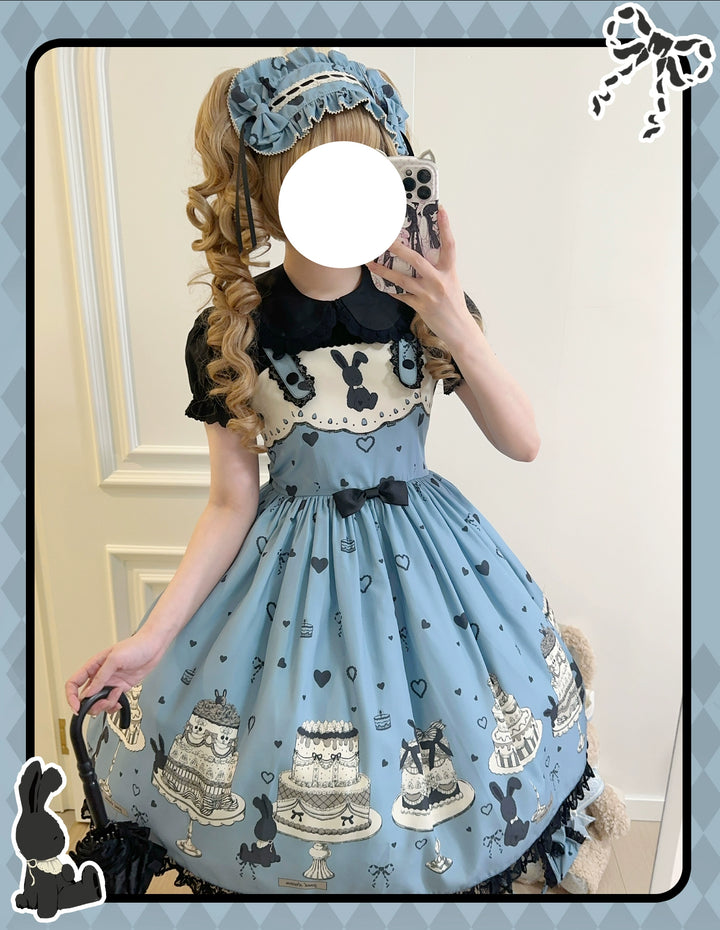 Sweet Dream Sheep - Cake Bunny - Blue Sweet Lolita Dress, Bunny&Cake Print