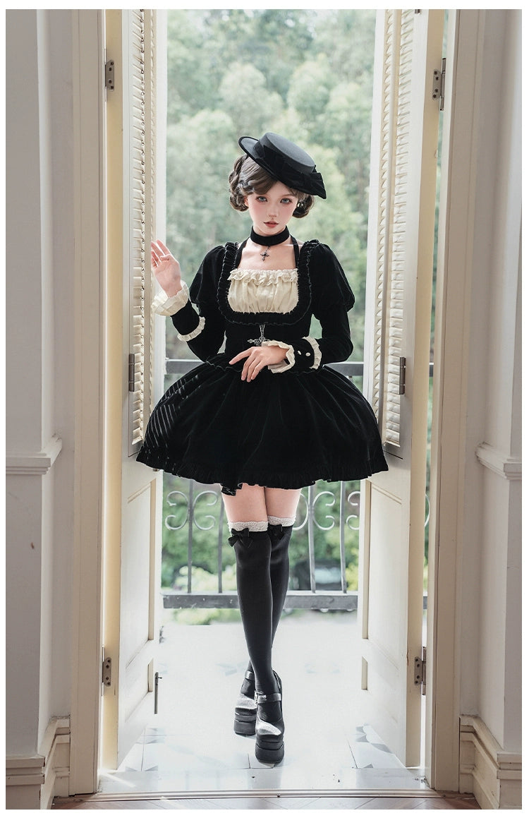 With PUJI - Apocalypse - Gothic Lolita Velvet OP Dress Set, Fishbone Waist 44128:797100