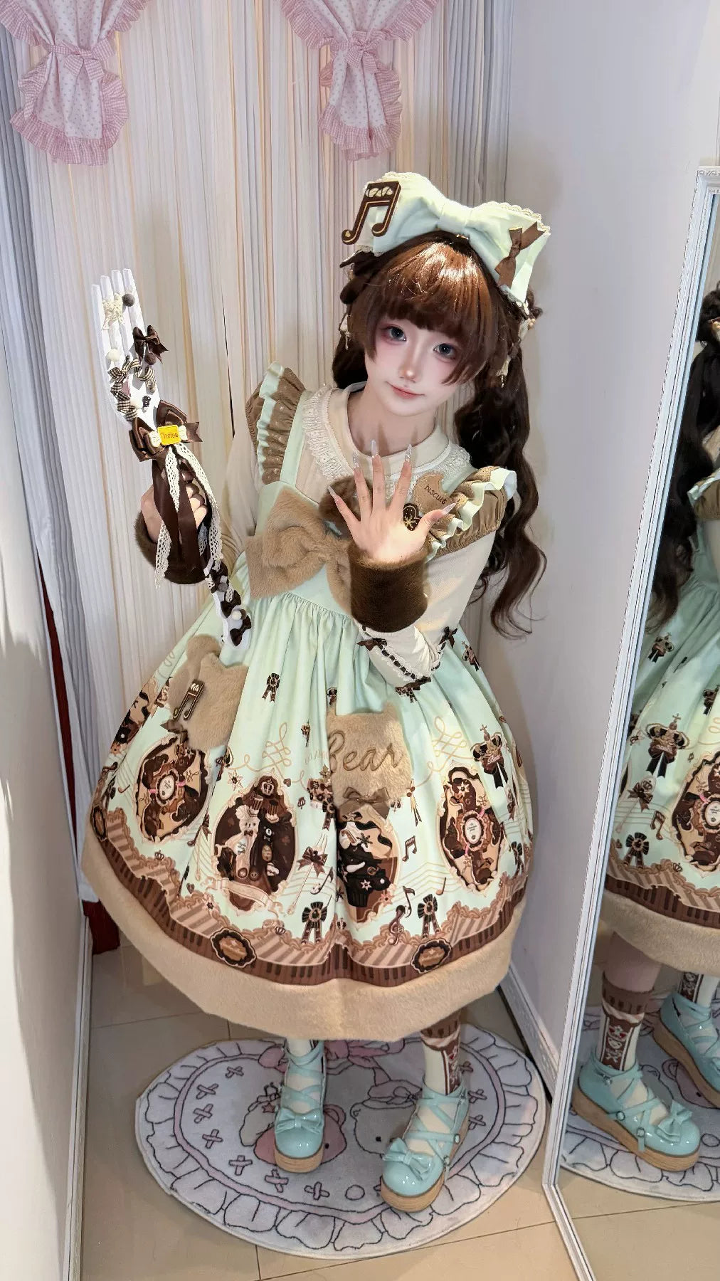 Cream Bear - Print Kawaii Lolita Fake Two-Piece OP, A-lined JSK Dress 44502:811644