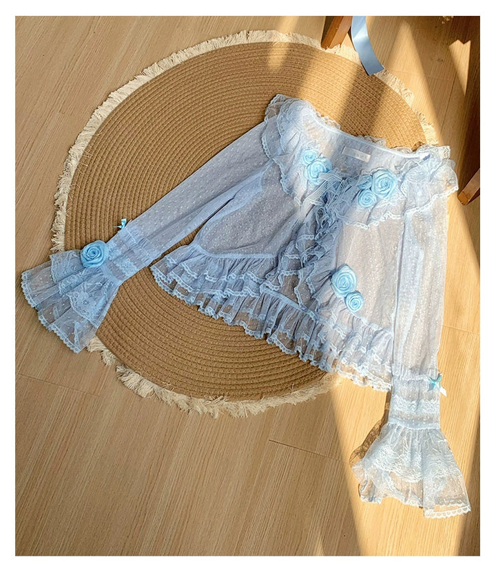 With PUJI~Flower Visage~Summer Lolita Sheer Cardigan with Rose Brooch 42927:759149