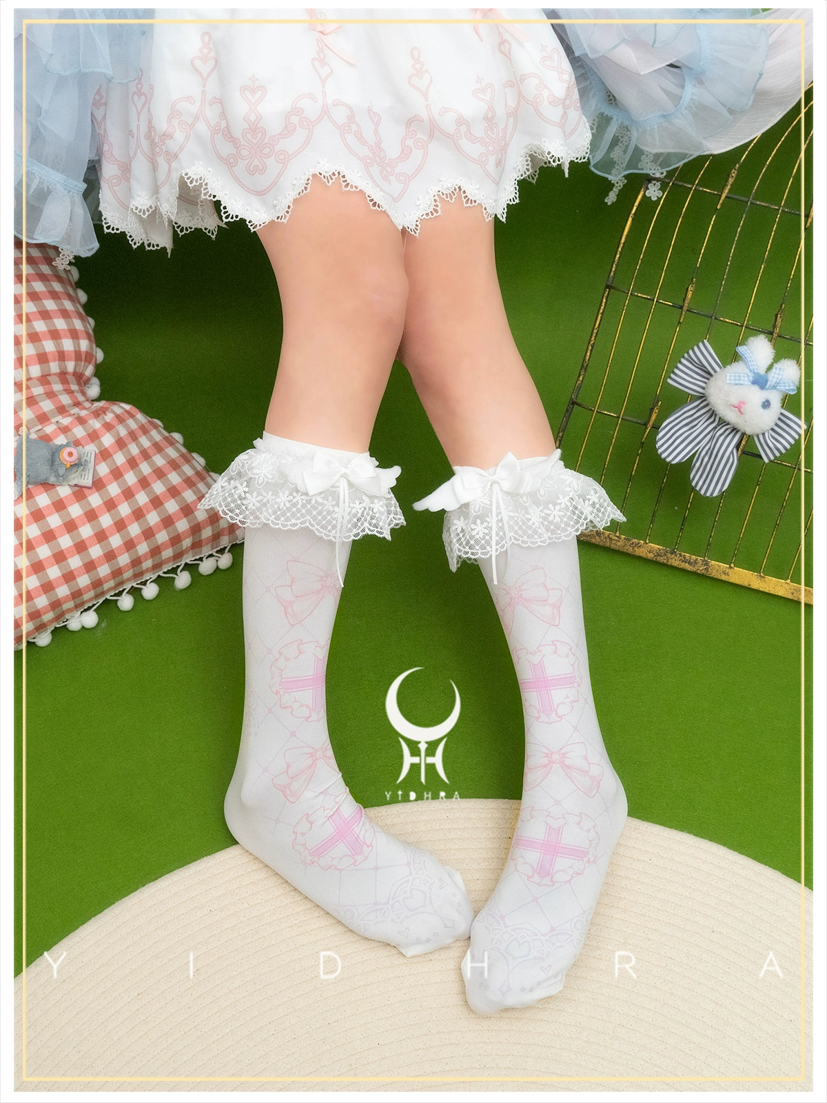 Yidhra - Printed Sweet Lolita Calf Socks, Detachable Calf Band Pink Socks + Calf Bands One Size