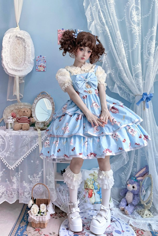 Night Never Sleeps~Bobble Bunny~Kawaii Lolita JSK Tiered Ruffles Dress with Bunny Print