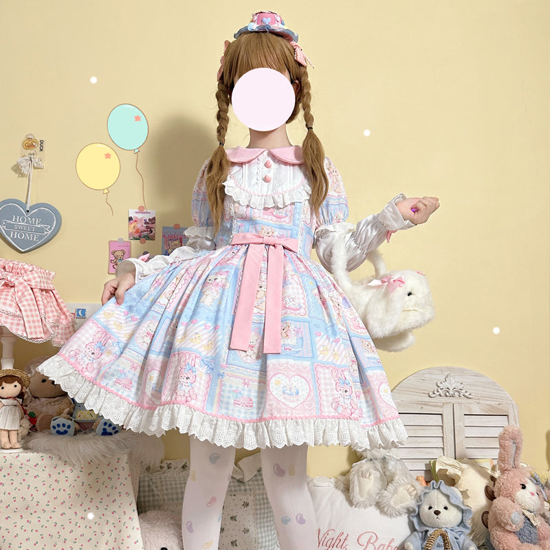 (BFM)Hanguliang~Sweet Bunny Bear~Sweet Lolita Dress Long Sleeve Winter Lolita OP M Blue OP 