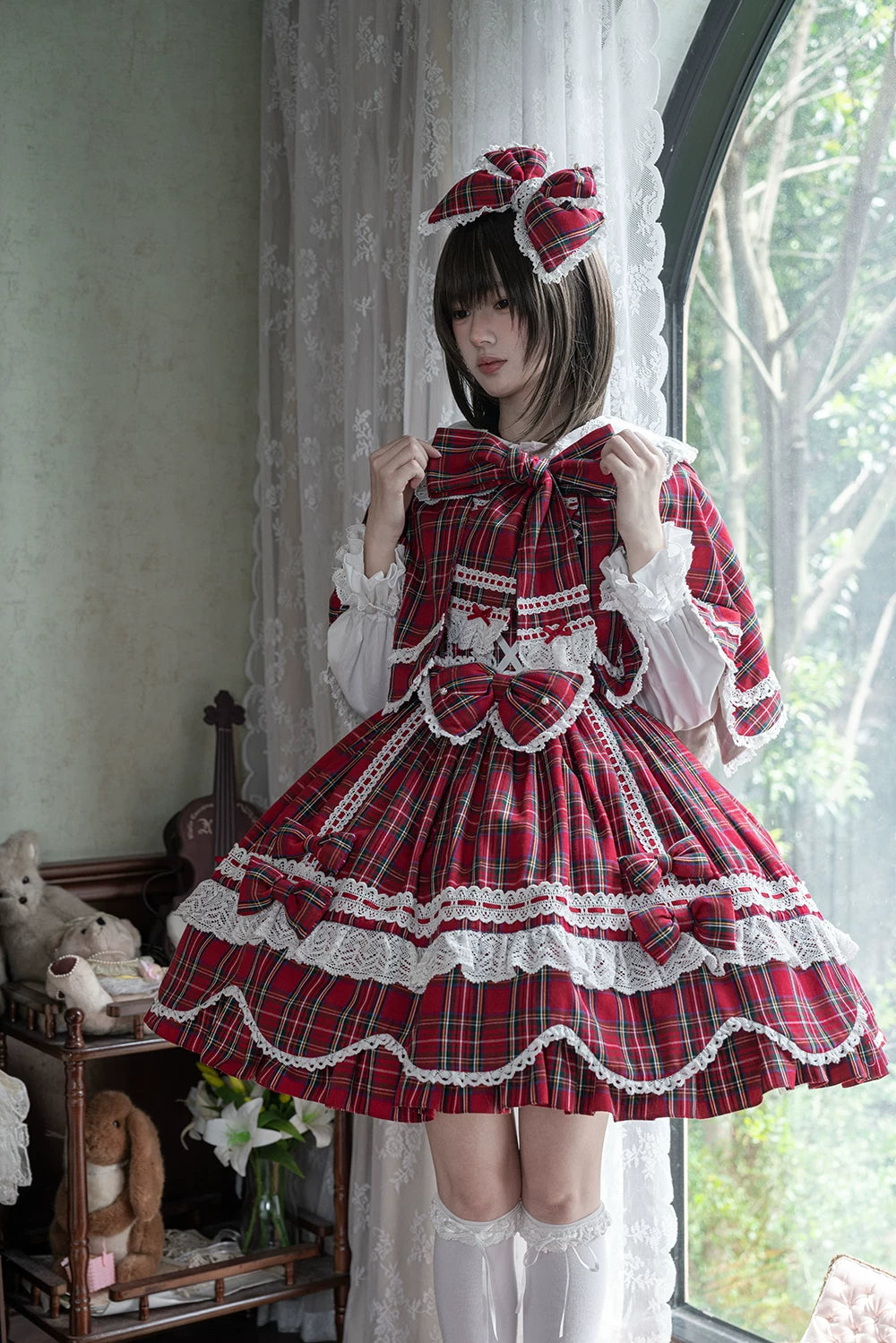 Plaid Petal Bunny - Old School Lolita Plaid OP Dress, Petal-shaped Hem 44673:818308