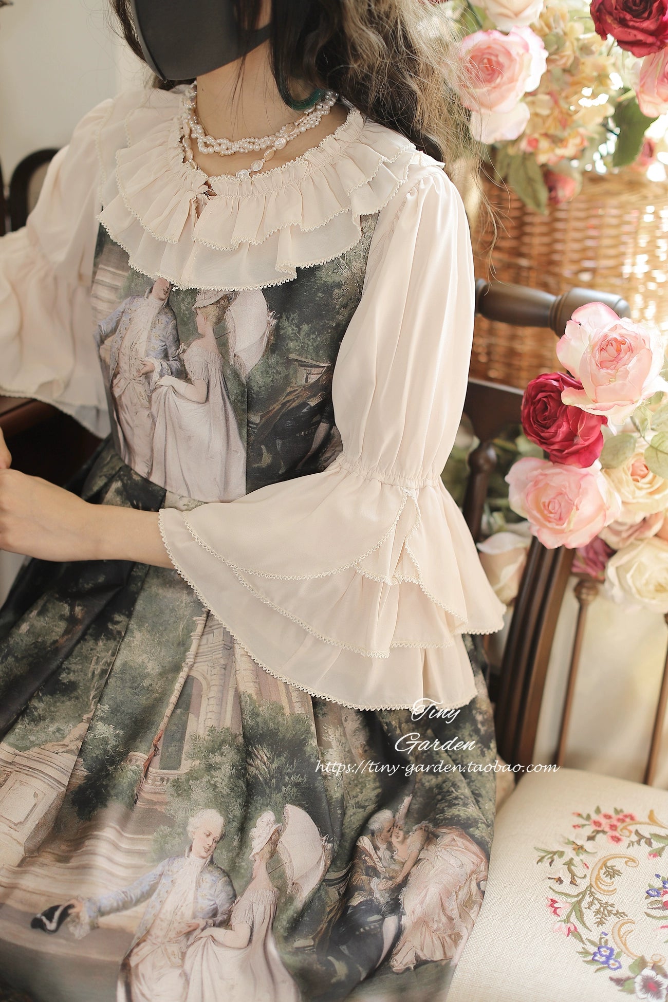 Tiny Garden - Summer Breeze 2.0 - Vintage Lolita Shirt Round Ruffled Collar/Princess Sleeves Beige - Picot Trim Version S