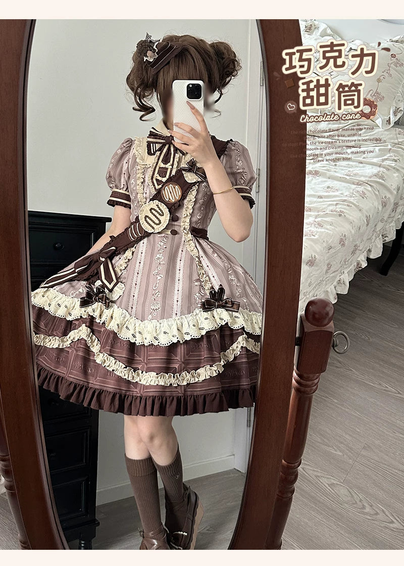 Chocolate Cone - Kawaii Lolita Dessert Print OP Dress, Detachable Sash Set 45782:862667