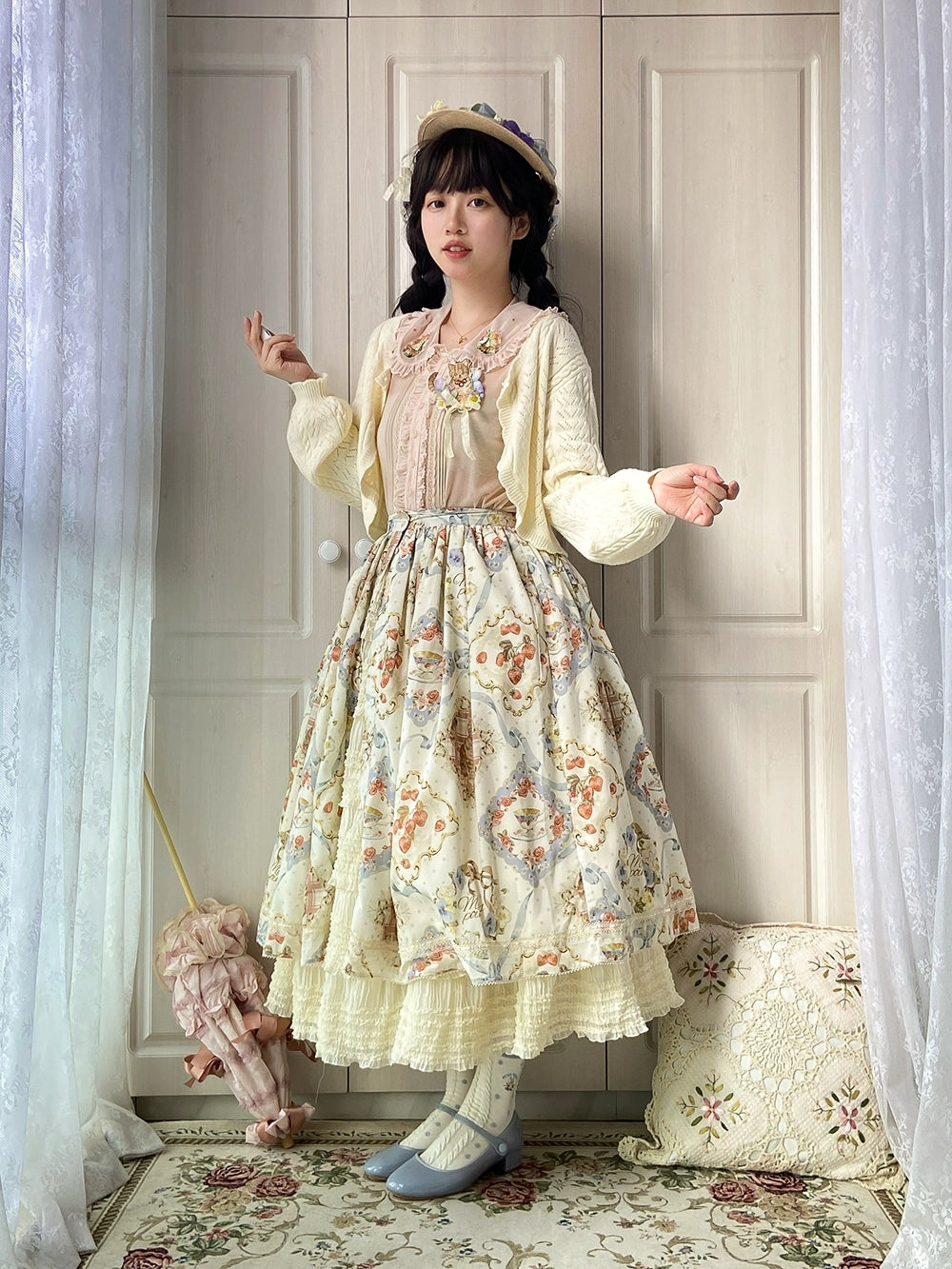 Miss Point~Cat Rose Tea~Sweet Lolita Skirt with Cute Prints Customized Size