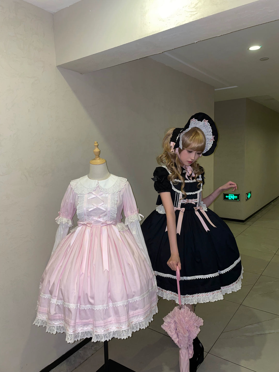 (BFM)Little Bear~Laura's Doll~Vintage Lolita Dress Cotton OP JSK Splicing Sleeves Pink OP S 