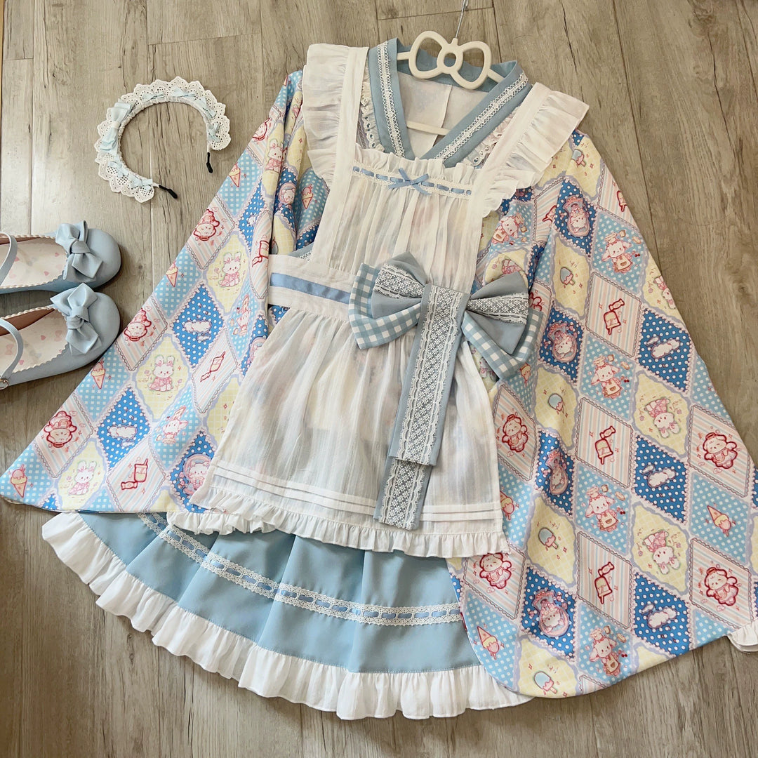 Sugar Girl~Showa Sweetness~Maid Wa Lolita Skirt Set Cute Summer Lolita Bow Apron S Blue skirt + top + apron + waist bow 