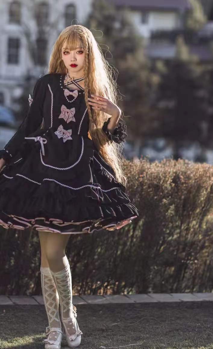 (BFM)Catlow Rabbit~Black Lolita Doll OP/JSK with Adjustable Elasticity S OP black (long sleeve) (L M S XL) 33540:431840