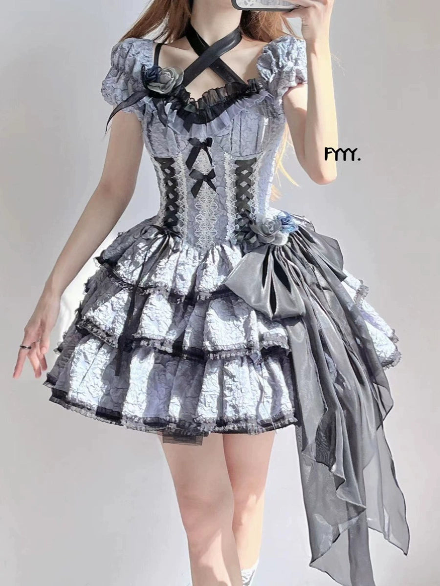 Xingweimian~Medea's Kiss~Gothic Lolita OP Dress Short-Sleeved Black-blue Dress Set S black and blue OP 