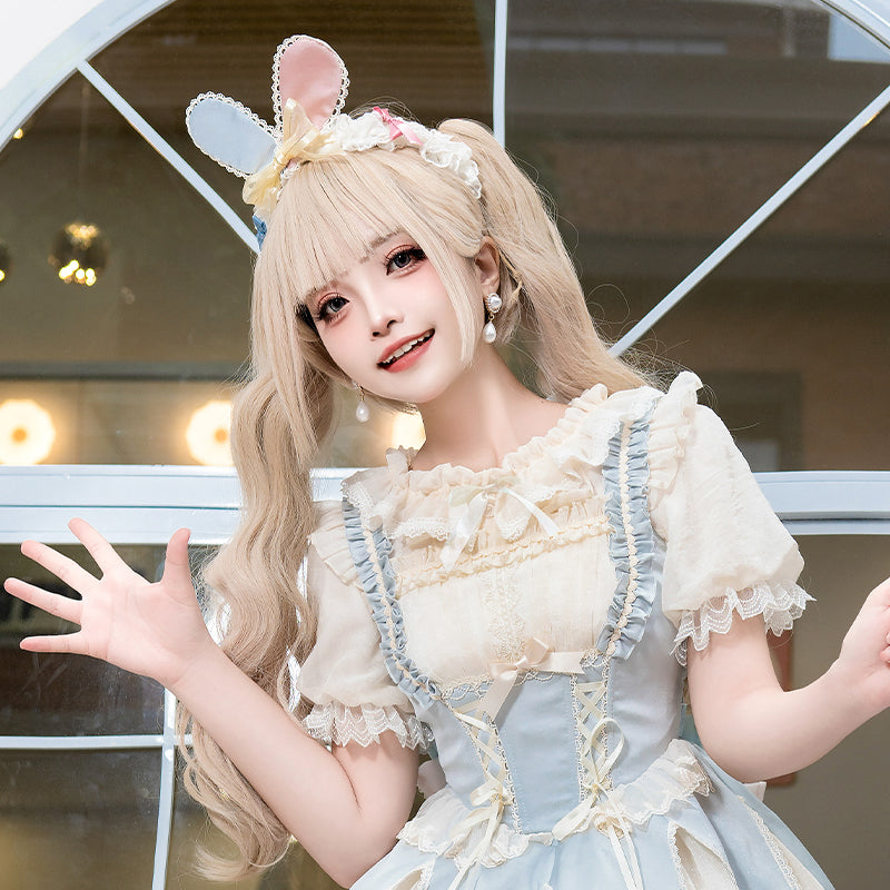 ZhiJinYuan~Circus Troup~Sweet Lolita JSK Dress Circus Theme Lolita Dress Free size Pink and blue bunny ears headband 