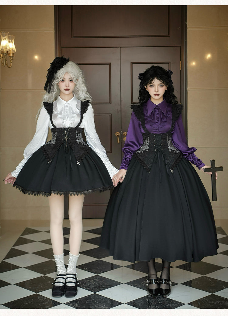 With PUJI - Thorn Night - Gothic Lolita Satin Shirt Solid Color Fake Two-Piece Blouse