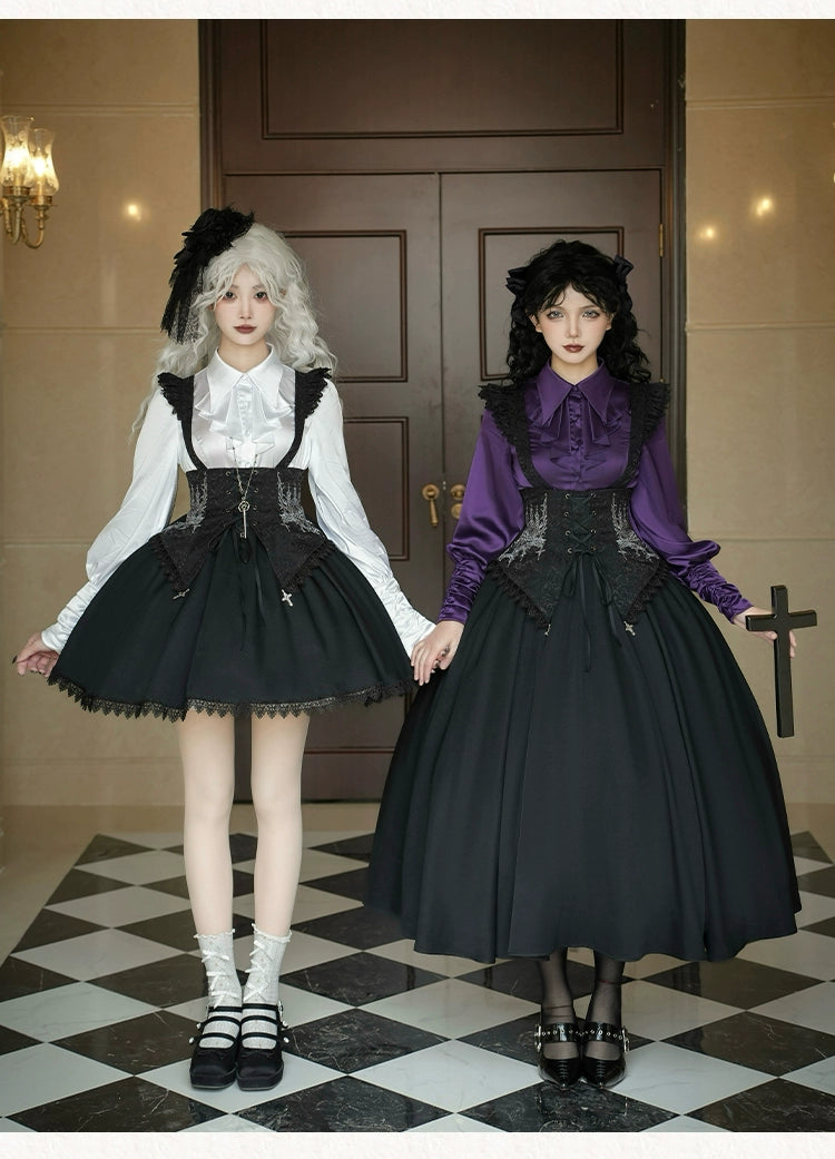 With PUJI~Thorn Night~Gothic Lolita Satin Shirt Solid Color Fake Two-Piece Blouse