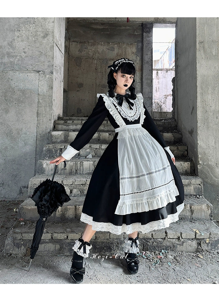 Hezi's Cat Haven~Black Cat Butler~Maid Lolita OP Dress Elegant Black and White Dress