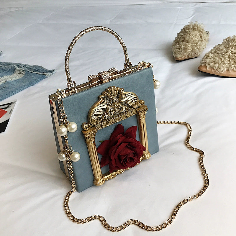 Prime Sister - Gothic Lolita Retro Bag Baroque Square Crossbody Bag Blue (Rose Pattern)