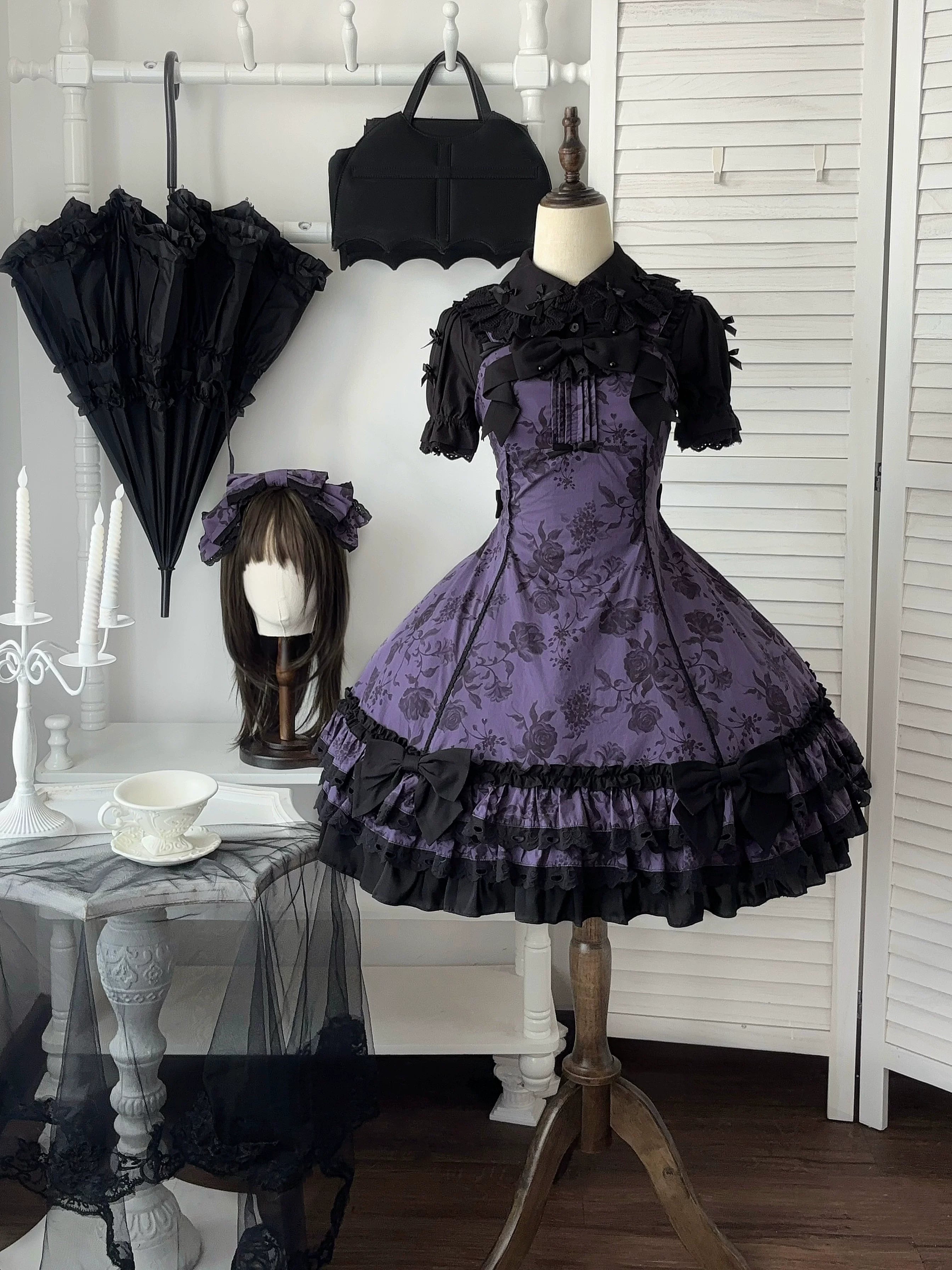 Bliss Bouquet - Cotton Old School Lolita Dress, Rose Print and Layered Hem 45656:857128