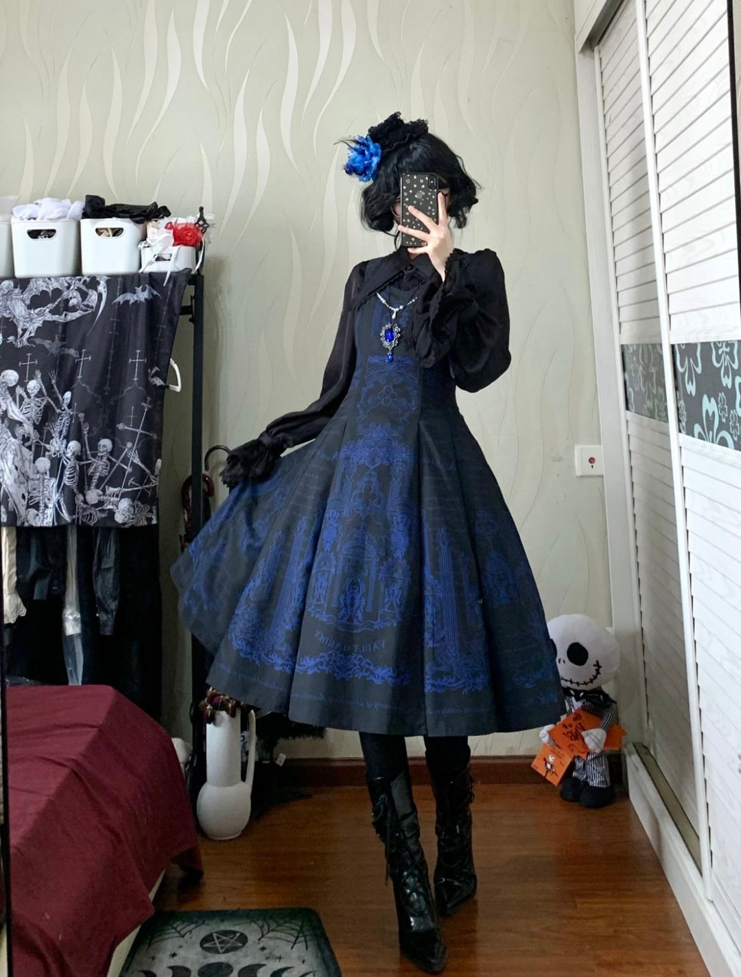 Vault Design~Angel Garden~Elegant Lolita JSK Six-panel Black Blue Dress XS - Regular Version - Blue-Black JSK only