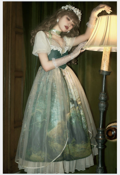 Cyan~Morning of Pine Forest~Elegant Lolita Cyan Bear Print OP   