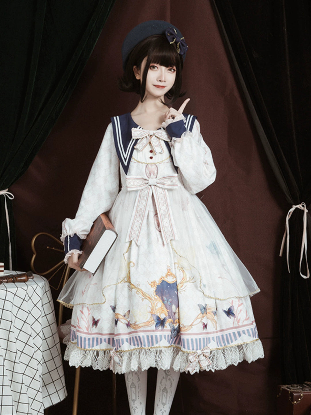 OCELOT~Classic Lolita OP Sailor Collar Elegant Lolita Dress White S 