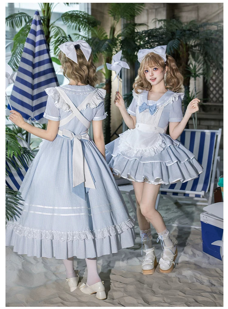 Seven-Day Bell - Blue Classic Lolita Striped OP Dress, Sailor Collar 45166:837876