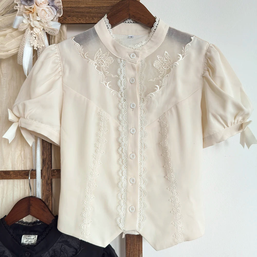 Glass Floral Garden - Classic Lolita Blouse and SK Set, Butterfly Embroidered (2XL L M S XL) 45978:870271