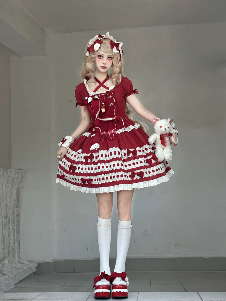 Uncle Wall Original~Cream Piping Artist~Cotton Sweet Lolita OP Halter-neck Dress With Accessory
