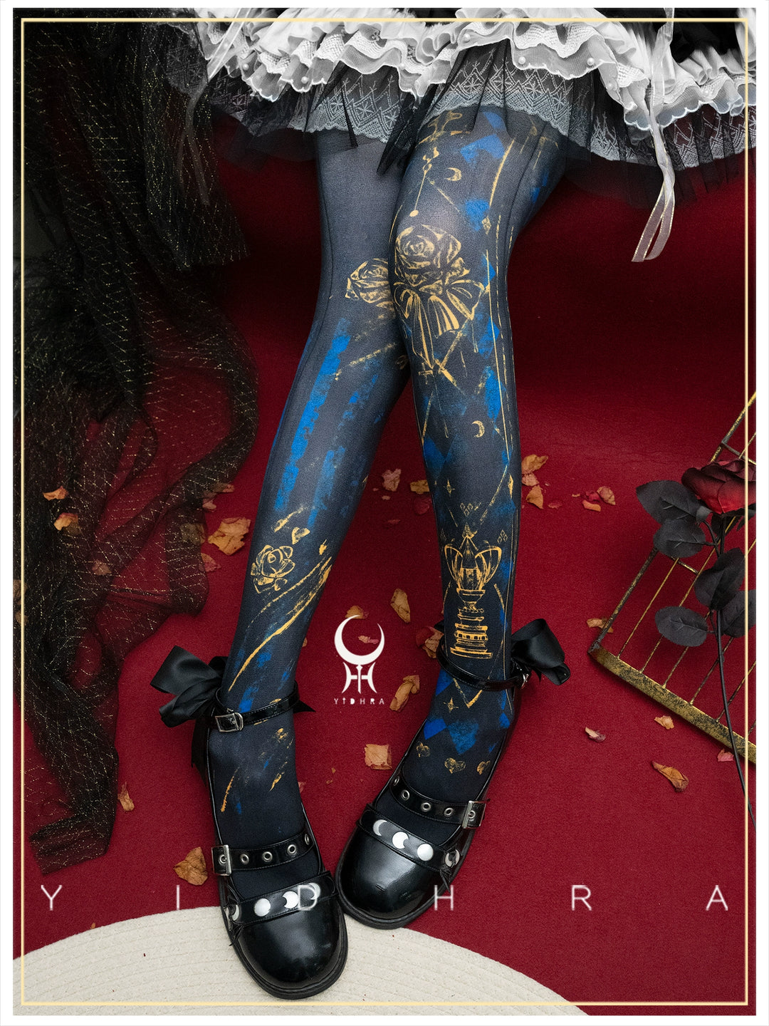 Yidhra - Rose Printed Gothic Lolita Pantyhose (Black) 43460:777189