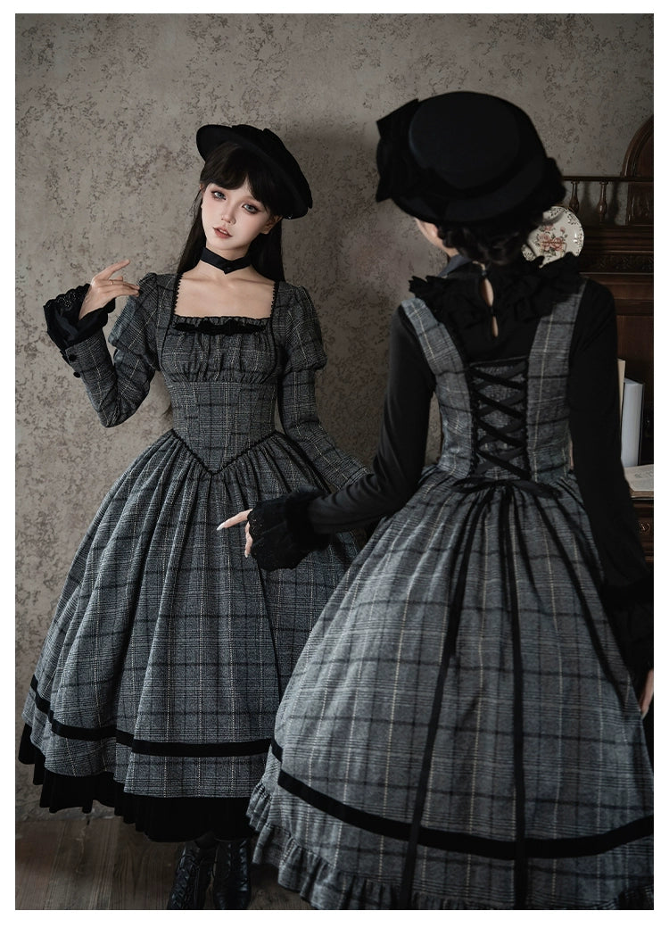 With PUJI - Yesterday's Epistle - Winter Classic Lolita Plaid Dress Set, Fishbone Waist 44227:799797