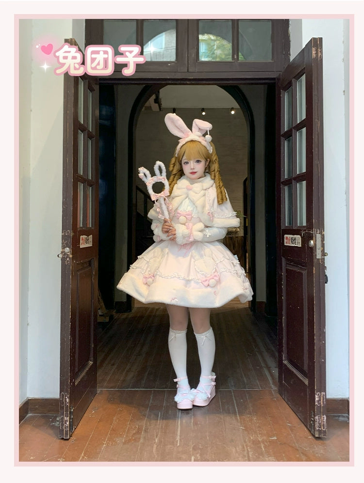 Mengfuzi - Bunny Mochi - Winter Doll-like Sweet Lolita Cape Dress Set 44099:795929