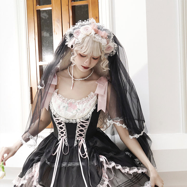 Mademoiselle Pearl~Silk Ballet~Wedding Lolita Veil Accessories Set Veil (Black and Pink)  