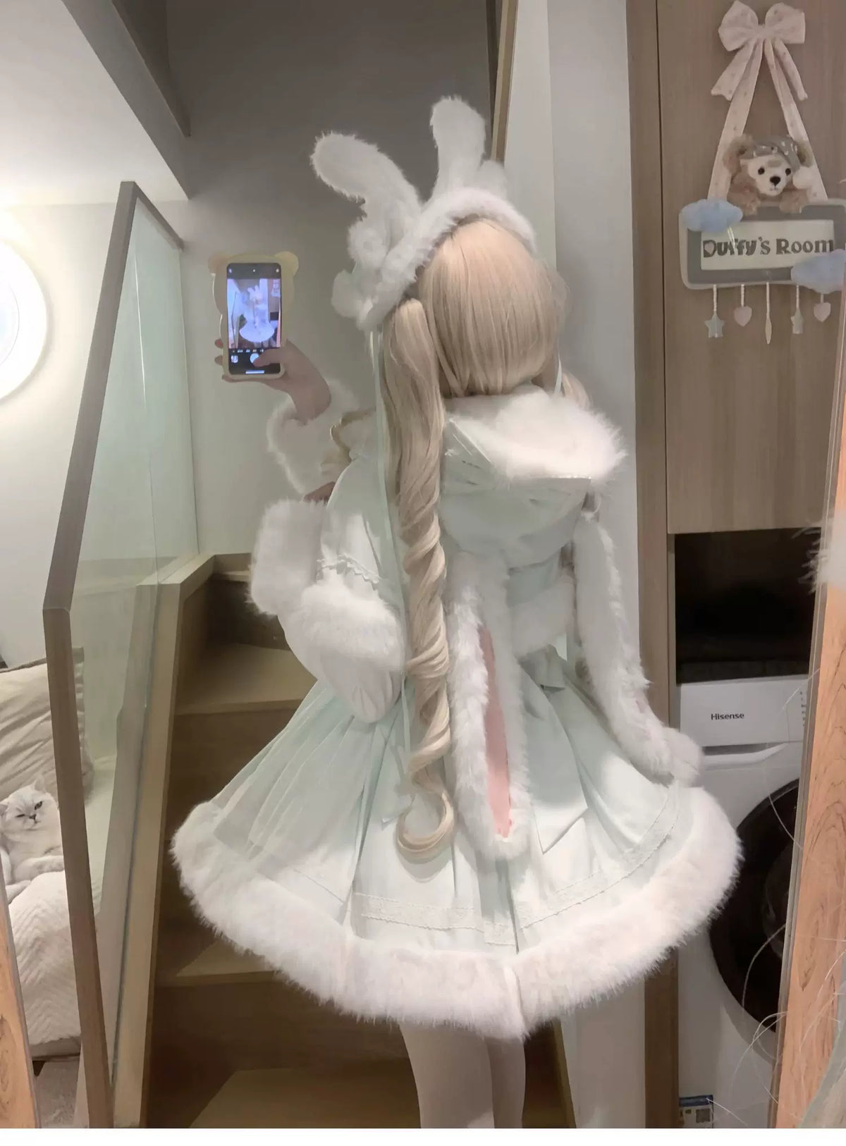 Sweet Dream Bunny - Sweet Lolita Cape & JSK Dress Set, Faux Fur Bunny Ear
