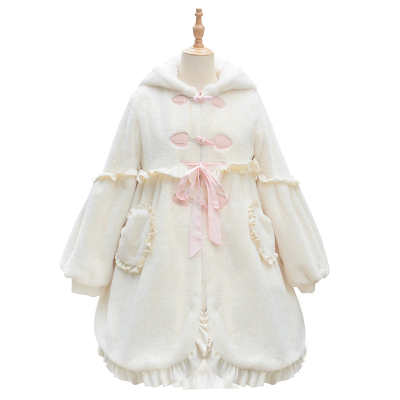 ZhiJinYuan~Long Ear Bunny~Kawaii Lolita Coat Fleece Bunny Ear Top S Bunny ear coat