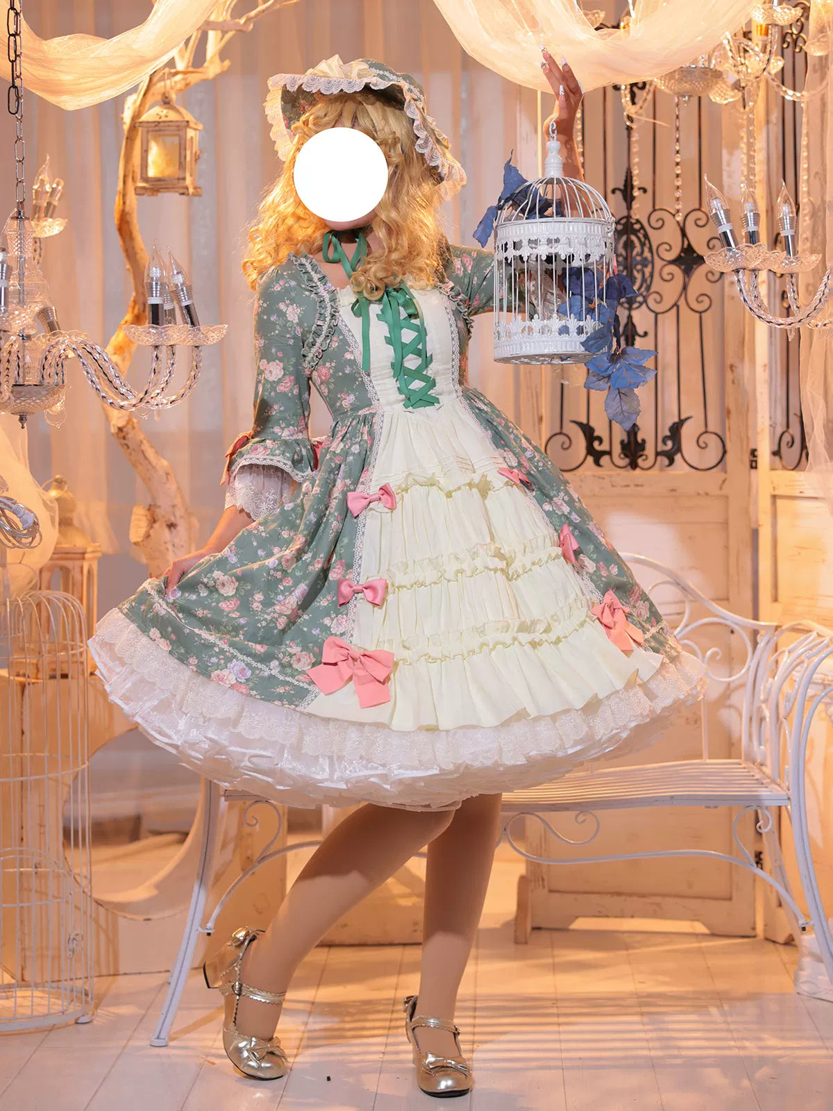 Classic Lolita Rococo Floral Print OP Dress, Lace Hime Sleeve 45668:857617
