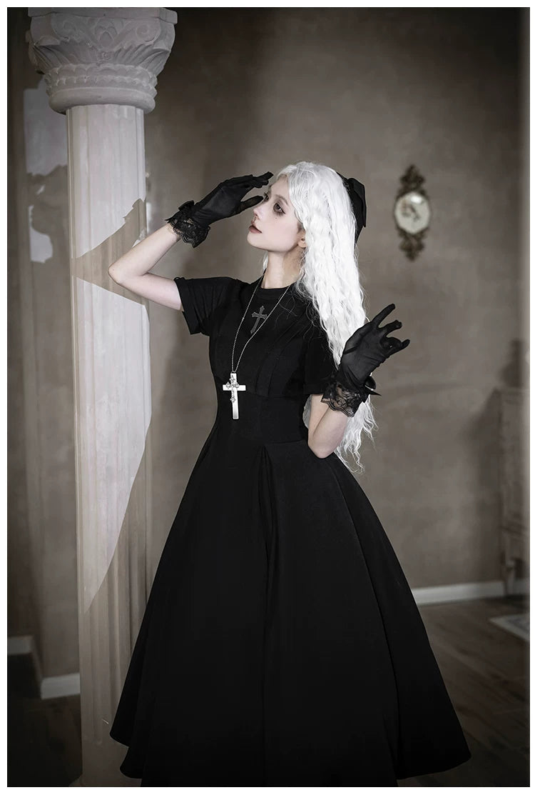 Nihil - Gothic Nun Lolita OP Dress, Irregular Hem Cape 44717:819710