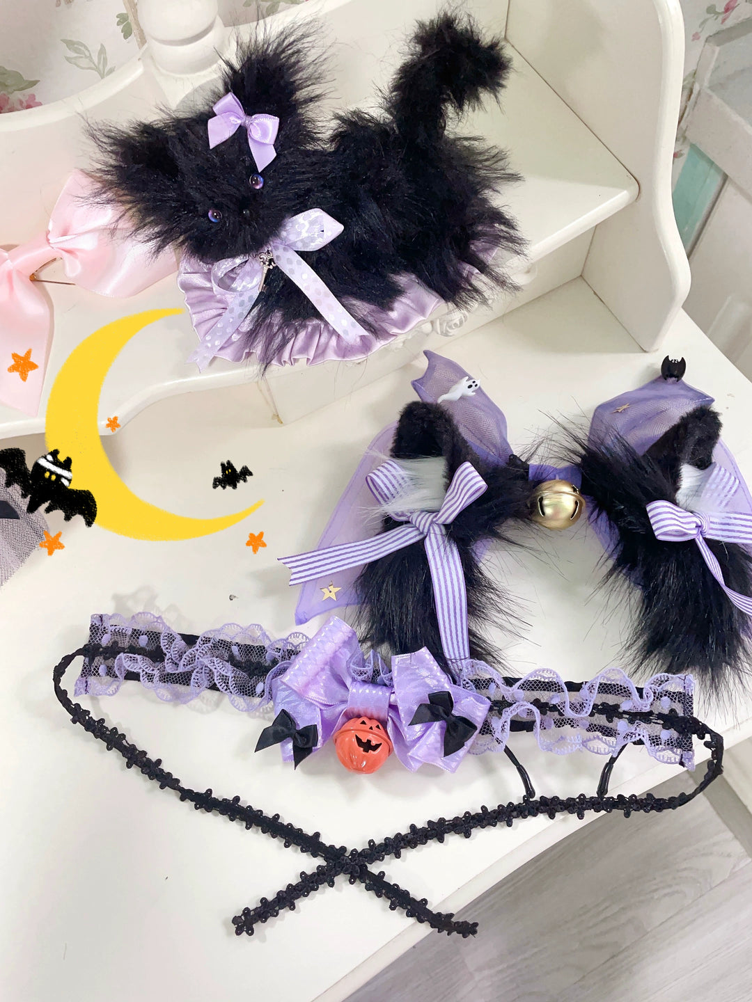 Fluff Mollie~Halloween Lolita KC Bat Cat Ear Bell Headband   