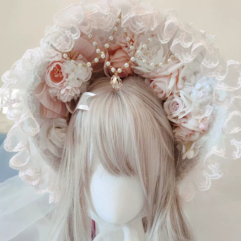 Cat Fairy - Elegant Lolita BNT Handmade Tea Party Necklace and Feather Fan Pink and white (BNT with 1.2-meter veil)