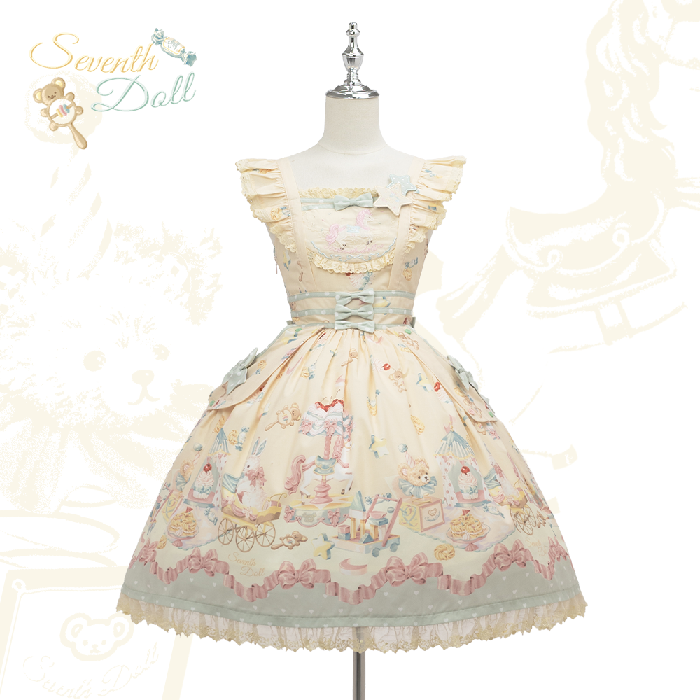 The Seventh Doll~Peti Toy House~Old School Lolita Jumper Dress Vintage OP Dress S Cream Yellow x Mint JSK 