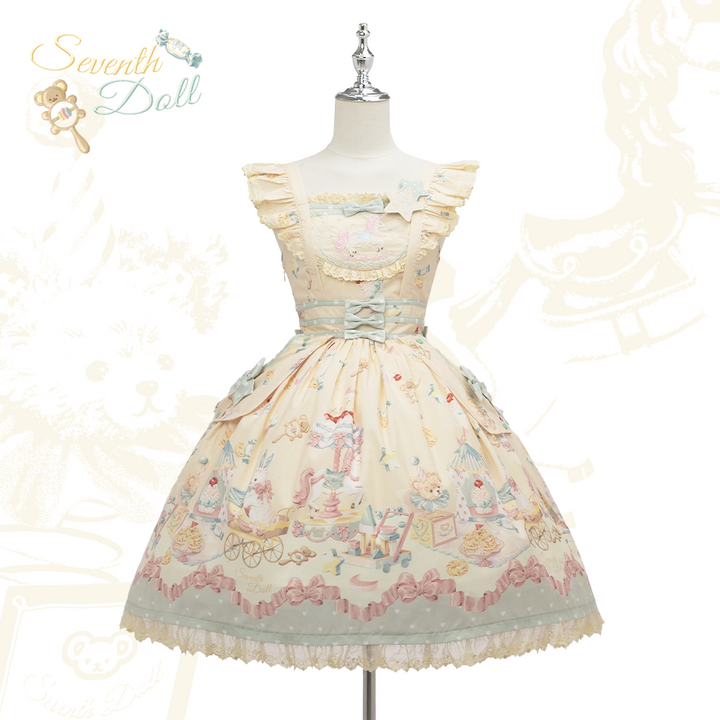 The Seventh Doll~Peti Toy House~Old School Lolita Jumper Dress Vintage OP Dress S Cream Yellow x Mint JSK 