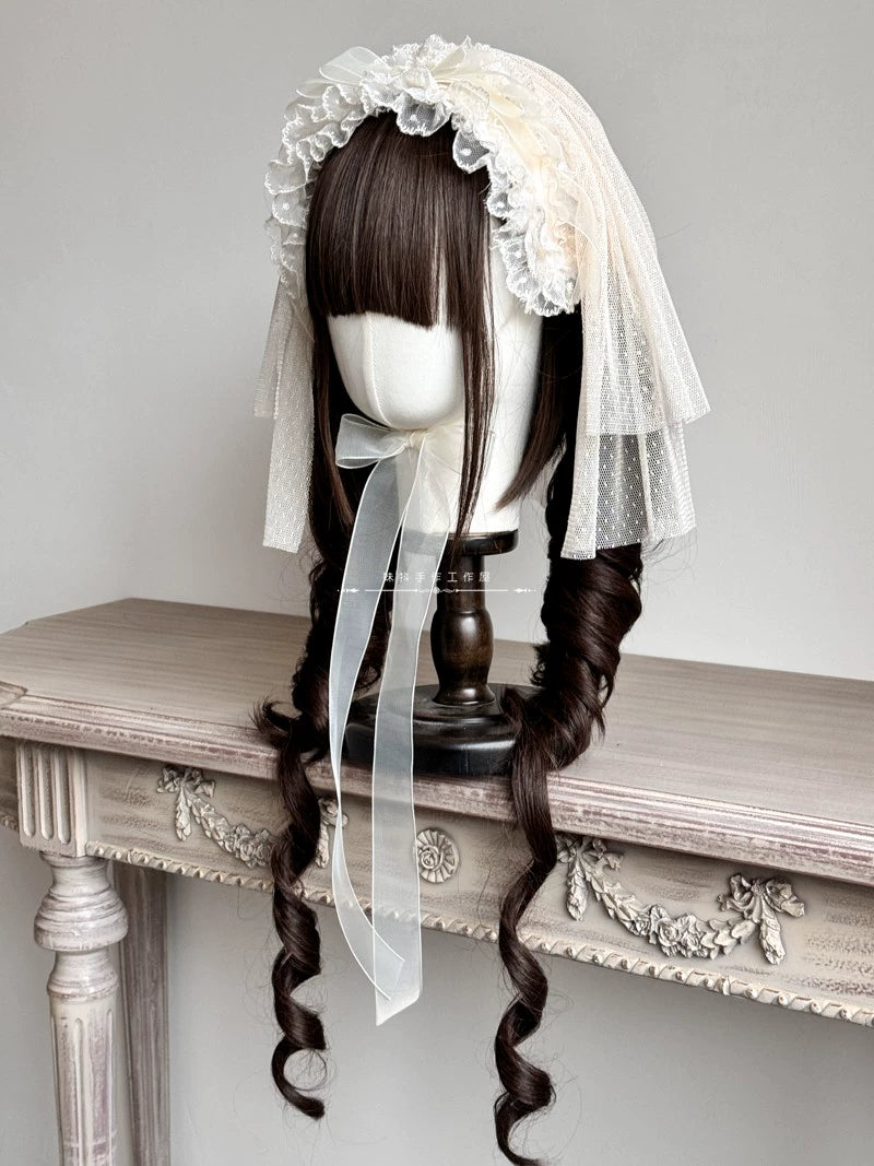 MAID~Elegent Lolita Headband Ivory KC Cake Cap Headband + veil (already sewn with hidden button) 35196:484562