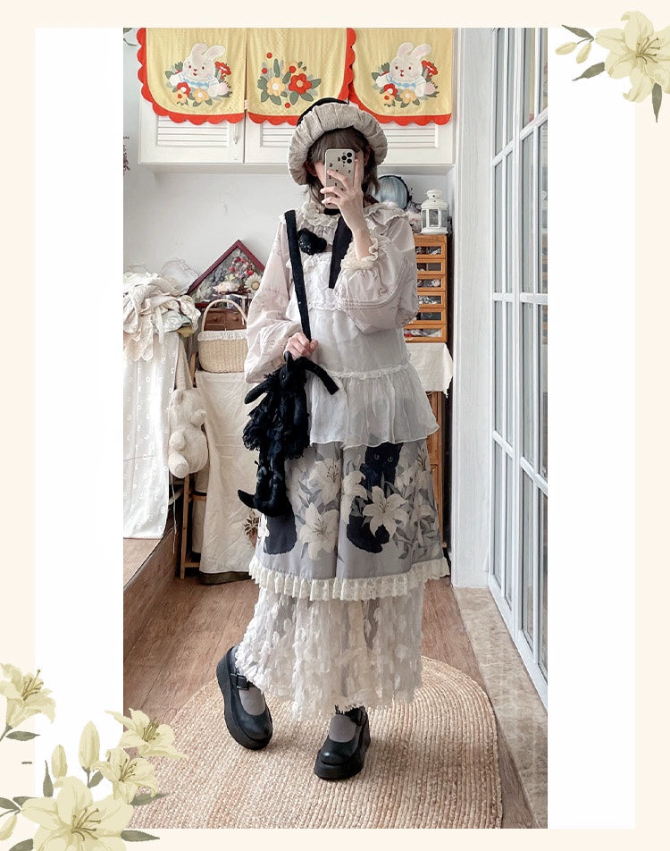 Akiyama Future Studio~Black Cat and Lily~Loose Kawaii Lolita OP Dress with Vest and Hat