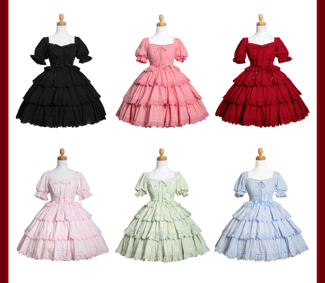 MEEKWIND~Miss Flora~Cotton Sweet Lolita Dress Set Doll-like OP and JSK Black S OP - Regular Version (OP+a large back bow)