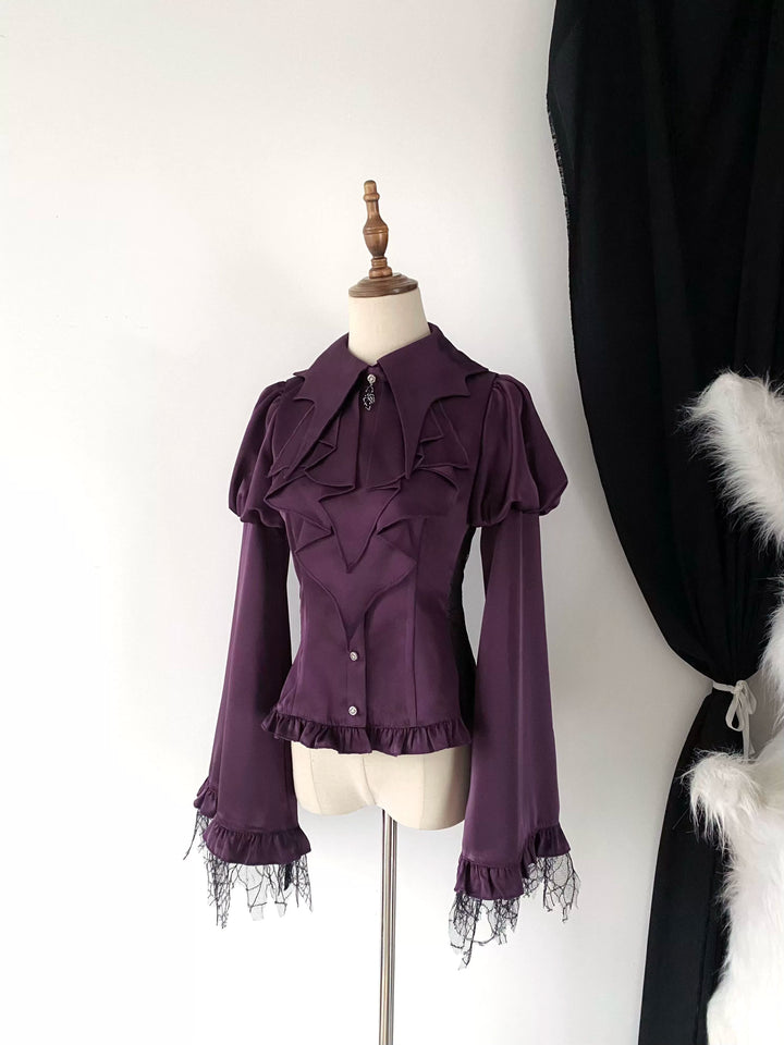 Flower messenger~Gothic Lolita Blouse Long Sleeve Jabot Hollow-out Spider Design S Purple shirt + jabot 