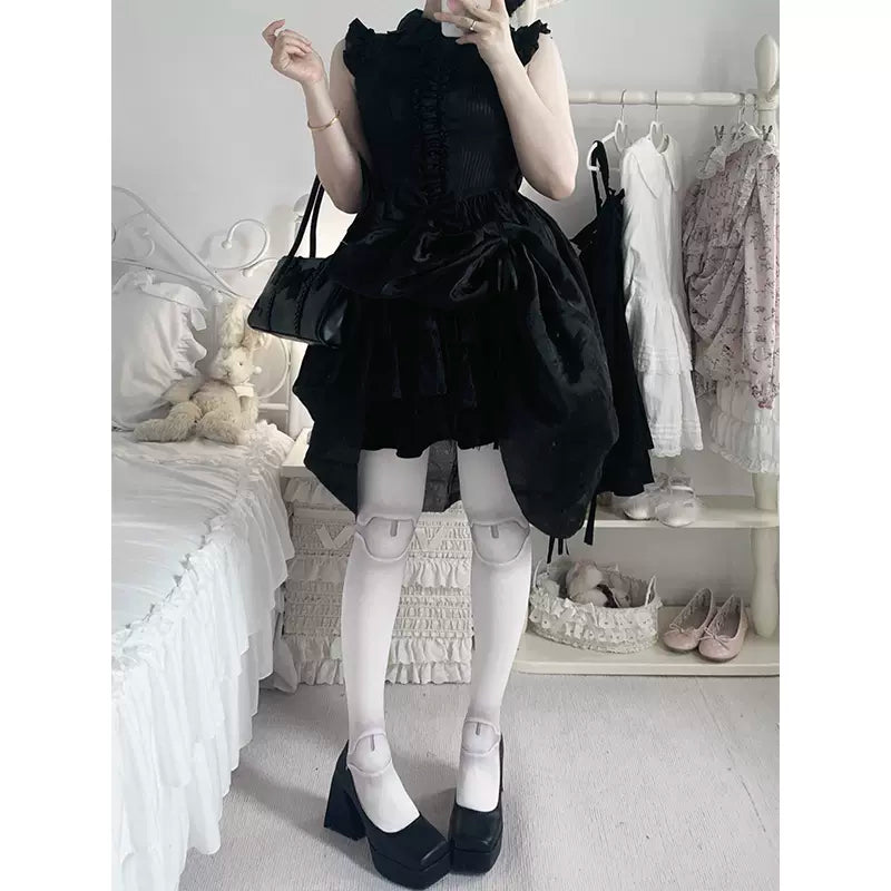 Roji Roji~Sweet Lolita Pantyhose Joint Print Light Stockings Summer Height 150~170 Black Gray Velvet - Untransparent 