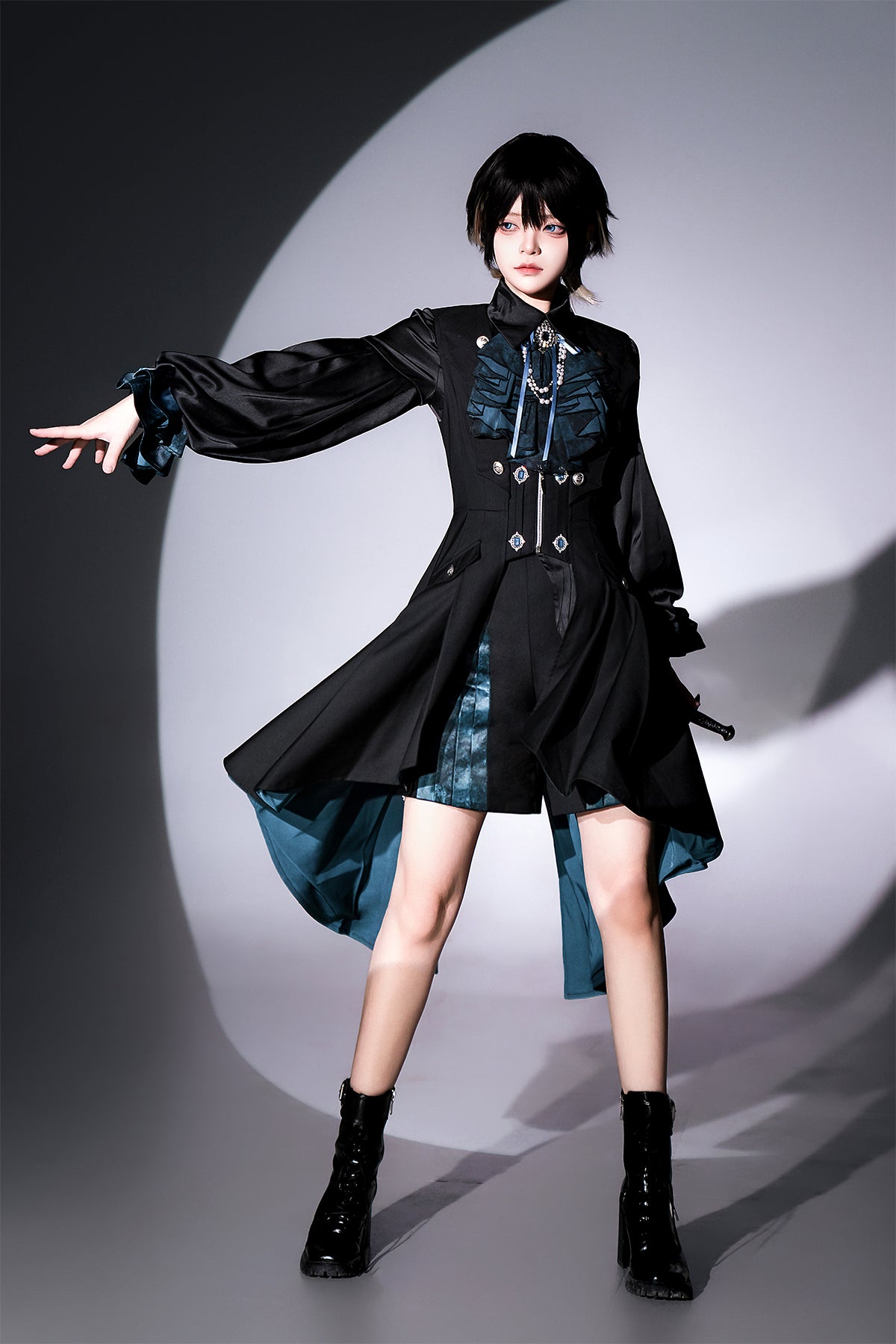 Designer's Gift - Mystique Melody - Ouji Lolita Shorts, Prince Long Vest Long-sleeved Shirt + Long Vest + Shorts + Jabot S