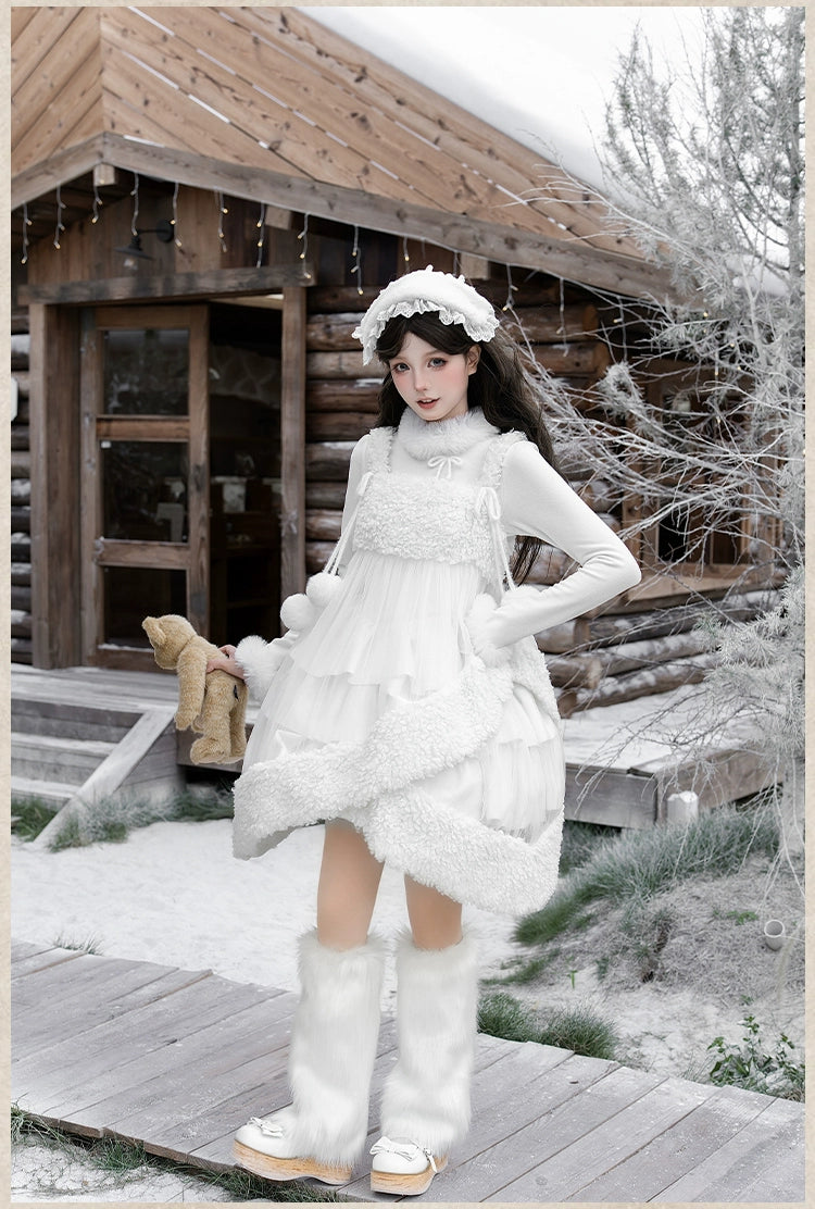 With PUJI - White Choco - Winter Kawaii Lolita JSK Dress Set, Fluffy Accents 44246:801073