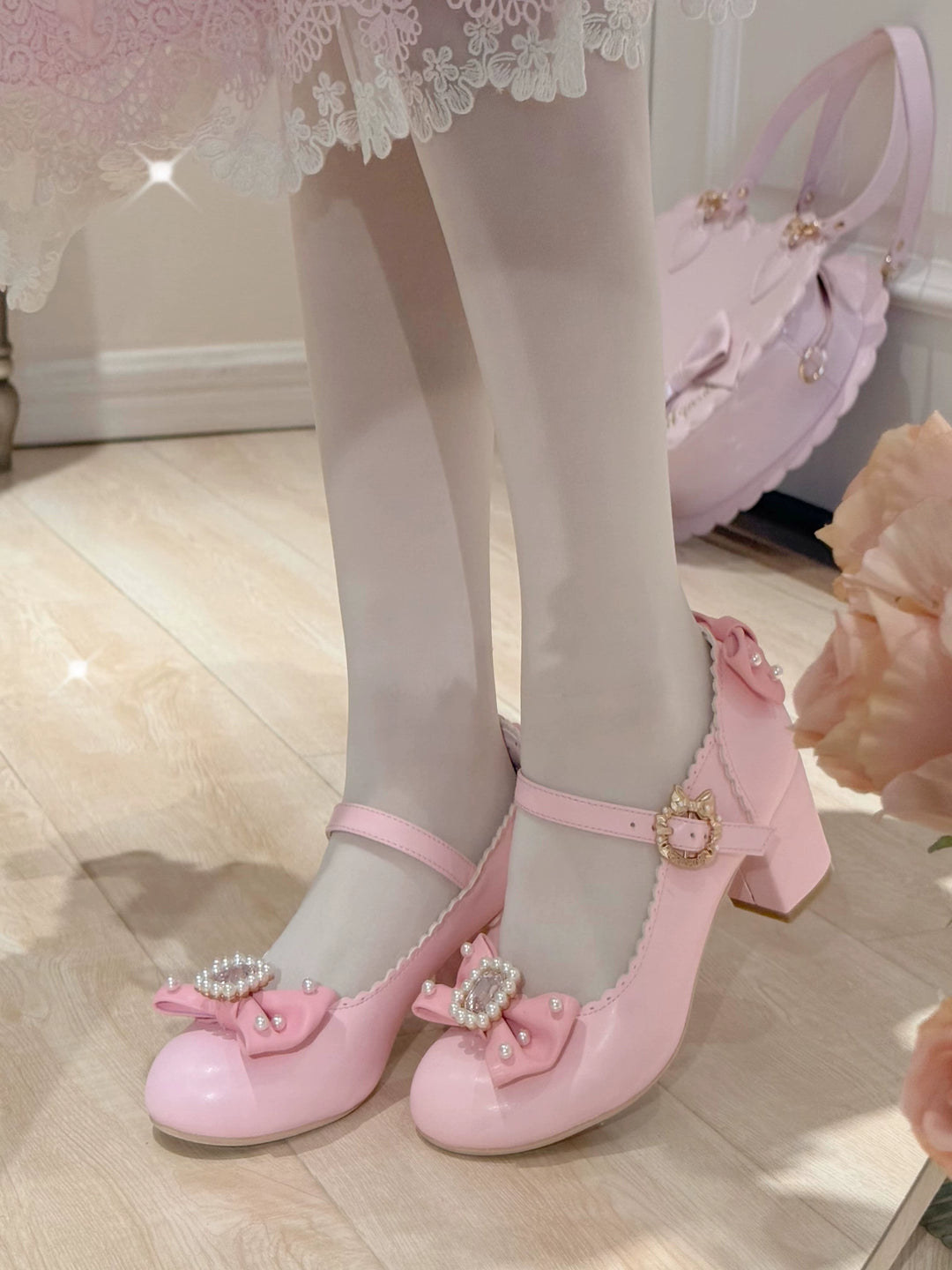 Pure Tea For Dream~Vintage Gemstone~Sweet Lolita Shoes Round Toe Heels with Bow 41836:715460