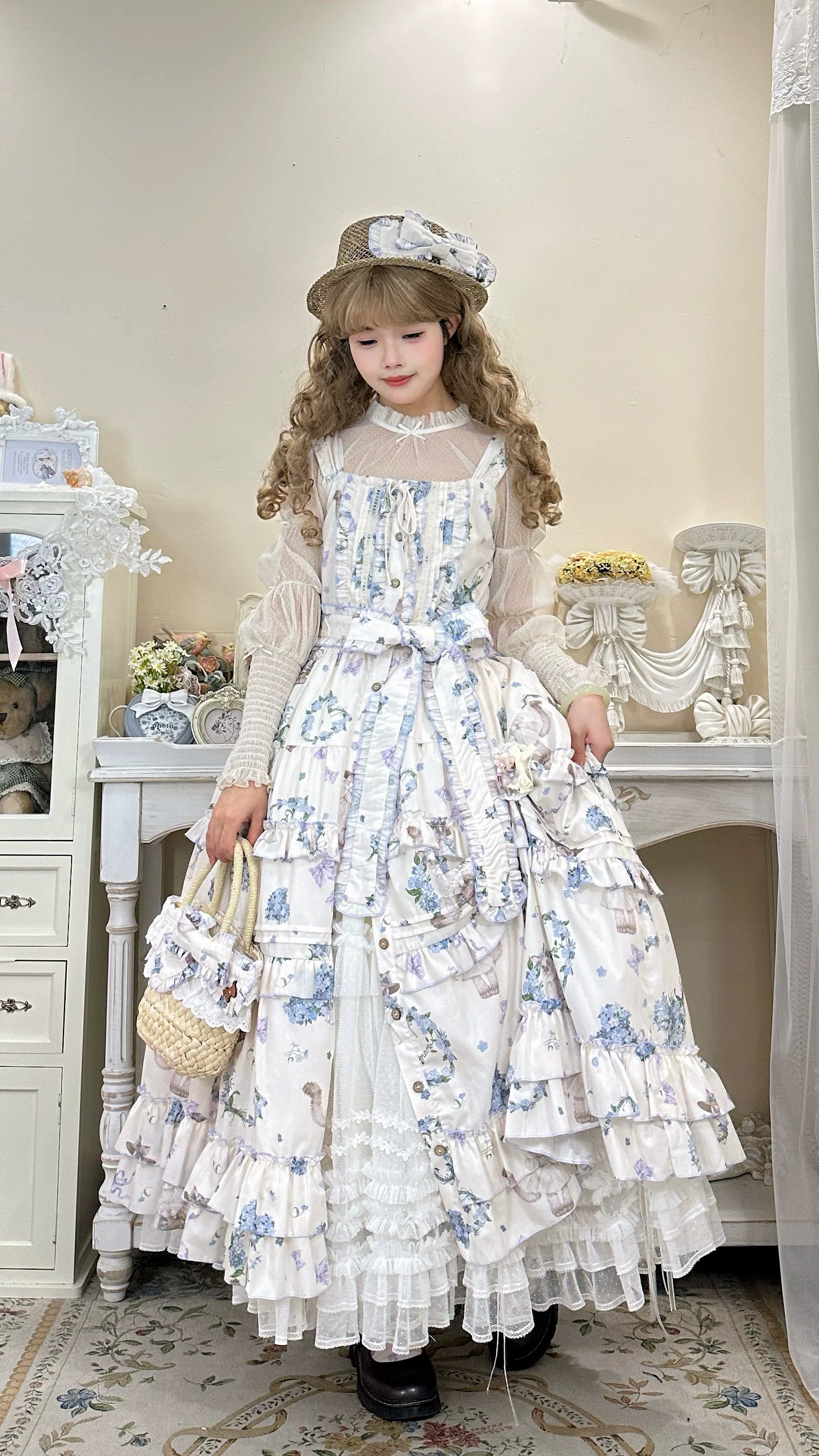 Meow Wreath - Classic Lolita Button Closure JSK Dress, Cat and Wreath Print